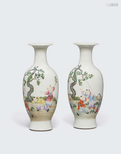 Qianlong marks, Republic period A pair of famille rose enameled baluster vases