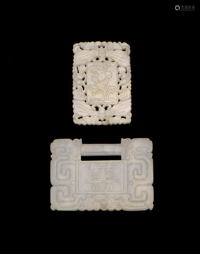 Two jade reticulated rectangular pendants