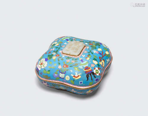 A cloisonné quatrelobed square box and cover