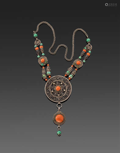 A Mongolian silver, turquoise and coral necklace