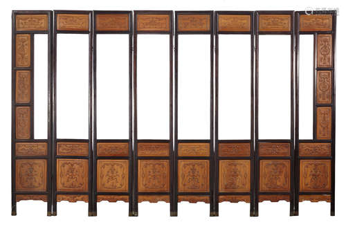 An eight-panel hardwood and nanmu mounted screen