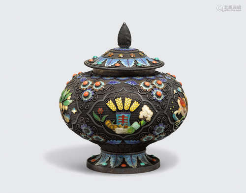 An enameled silver filigree lidded jar