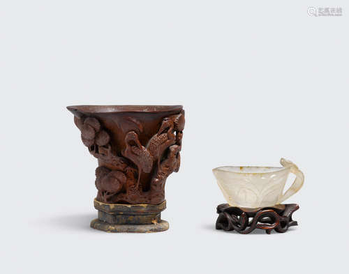 Late Qing/ Republic period One carved bamboo and one agate libation cup