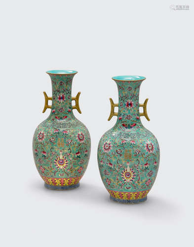 Zhan si tang zhi marks, 20th century A pair of famille rose and turquoise enameled vases