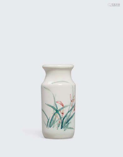 Taiwan, contemporary A small cylindrical vase with underglaze polychrome decoration