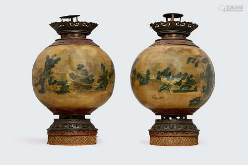 Late Qing/Republic period a pair of polychrome painted horn lanterns with wood and metal mounts