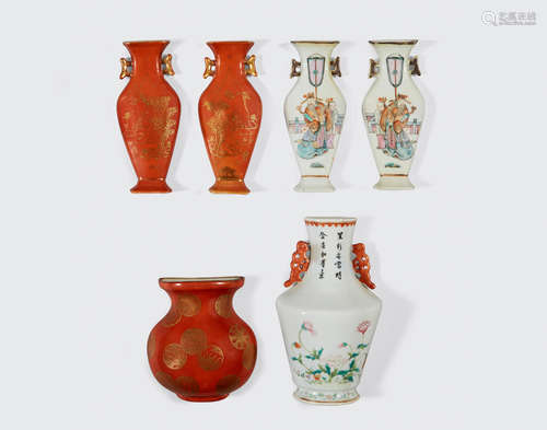 Late Qing/Republic period A group of six enameled porcelain wall vases