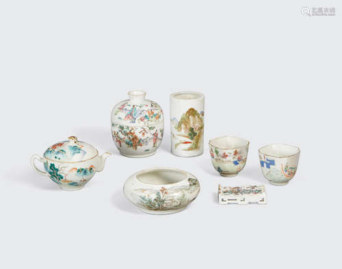 Late Qing/Republic period An assembled group of seven polychrome enameled table and desk wares