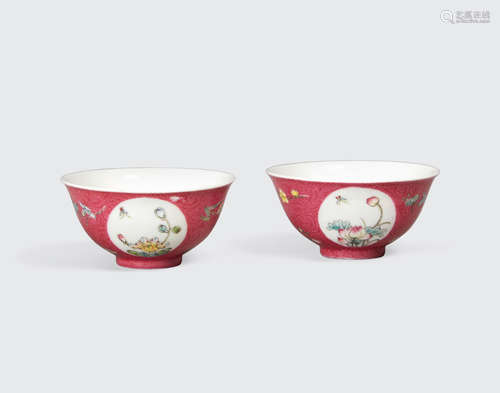 Qianlong marks, Republic period A pair of rose sgraffito ground enameled small bowls