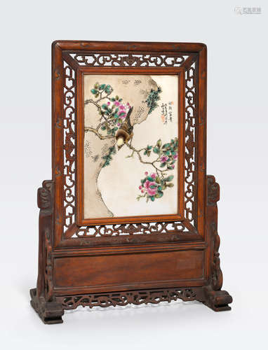 A polychrome enameled porcelain plaque table screen