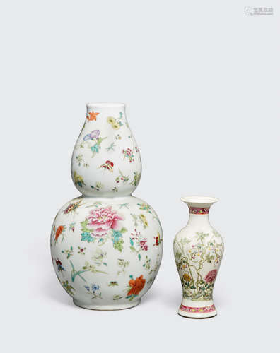 20th century Two famille rose enameled vases