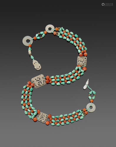 an assembled belt of white jade plaques, turquoise and carnelian beads