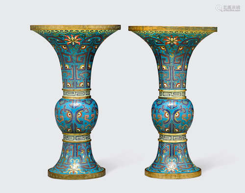 Late Qing/Republic period A pair of turquoise ground cloisonné gu-form vases