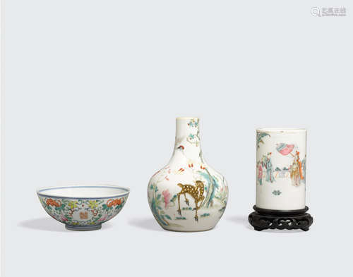 A group of three famille rose enameled vessels