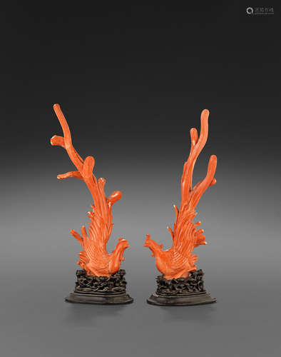 Republic Period A pair of coral branch bird carvings