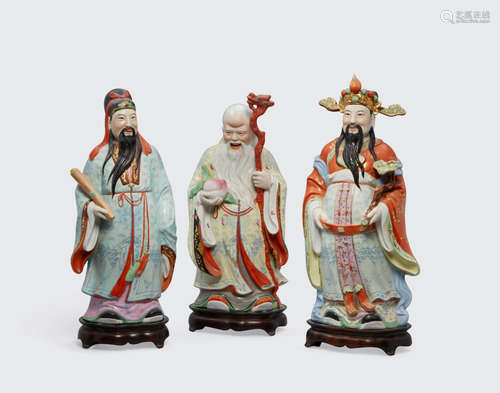 A POLYCHROME ENAMELED SET OF THE THREE STAR GODS