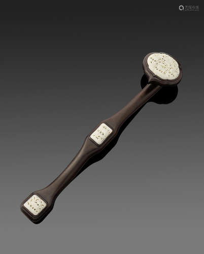 A wood and hardstone-mounted ruyi scepter