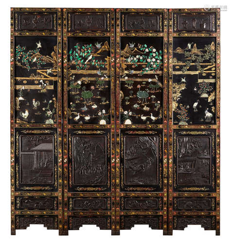 20th century A four panel hardstone overlay lacquer screen