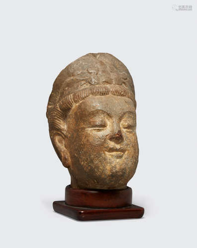 19th century A gray stone head of Guanyin