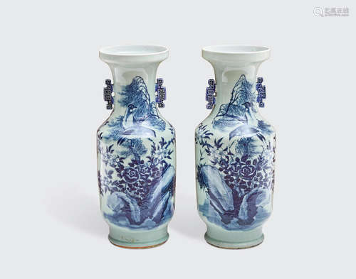 Late Qing/Republic period A pair of celadon glazed vases with underglaze blue and white slip decoration