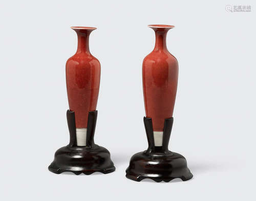 Kangxi marks, Republic period A pair of red-glazed willow leaf vases