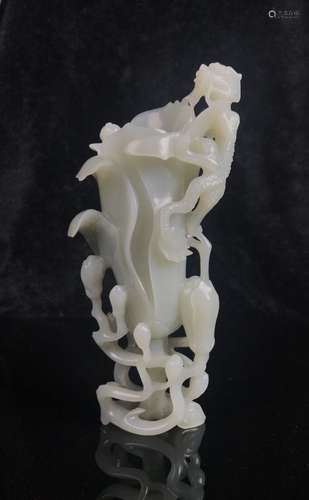 Chinese Carved White Jade Magnolia With Dragon Vase