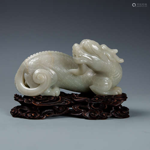 White Jade Figure of Beast on wood base