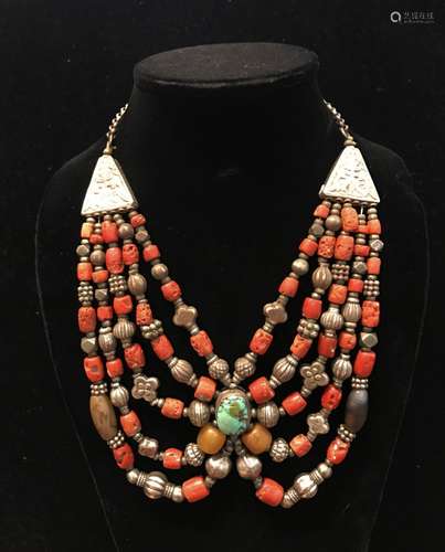 Antique Silver Necklace With Coral,Turquoise,Amber