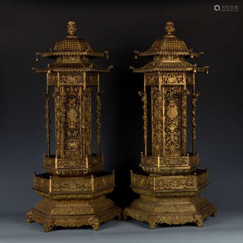 Pair of Imperial Gilt Bronze Censer