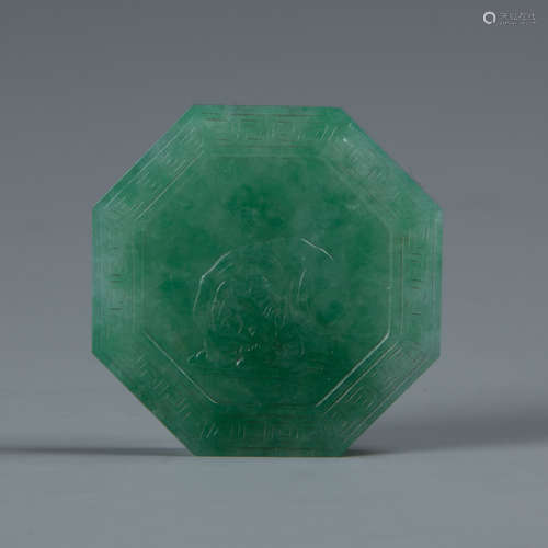 Octagon Shaped Jadeite  Pendent with Elephant Carving