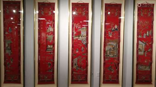 A Set Of Five Large Chinese Silk Embroidery