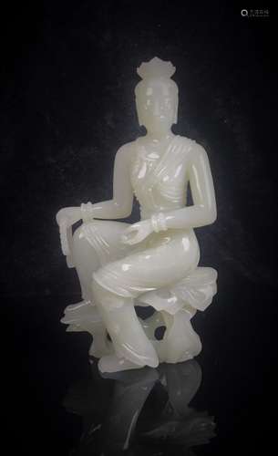 Carved Jade GuanYin Steated On Rock