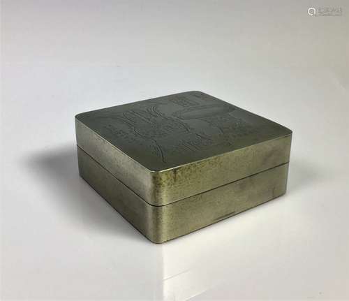 Engraved Square Bronze Ink Box with Chinese Characters