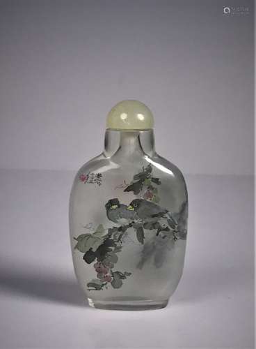 Inside Painted Glass Birds with Characters Snuff Bottle