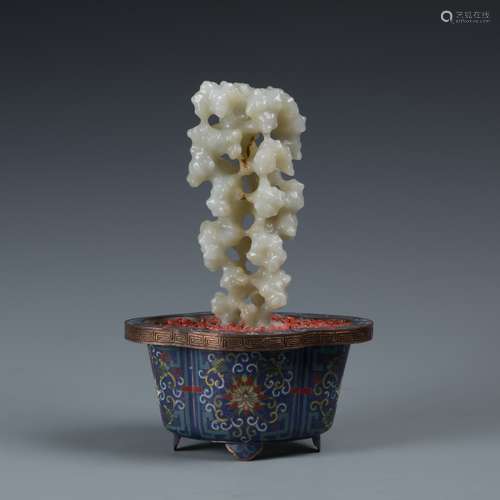 White Jade Taihu Stone in Cloisonne Enamel  Base