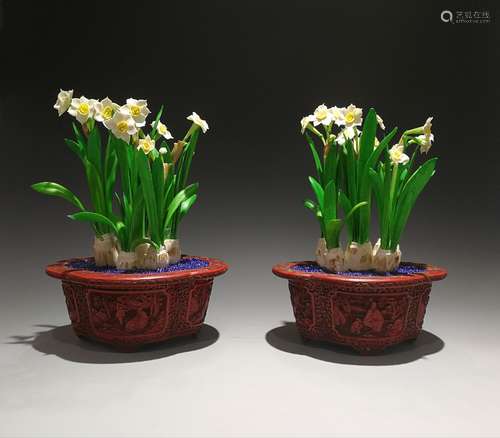 Pair of Bone Flowers in Cinnabar Planters