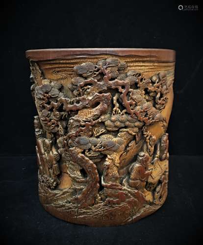 Bamboo Brush Pot  forest scene with Chinese characters