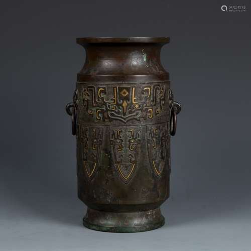 Bronze Vase with Yellow Gold Inlay with Handle Ring