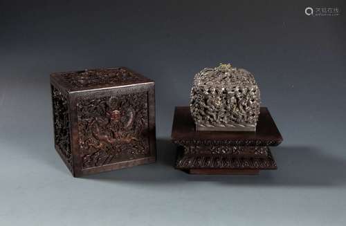 A Rare Weighted Chinese Silver Dragon Seal &  Wood Box