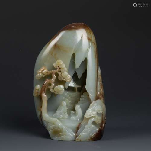 Carved jade of Mountain Scene with two figures and deer