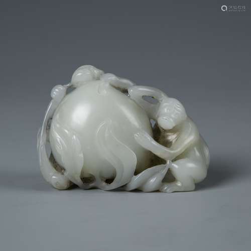 White Jade Carving of Two Monkeys With Peach