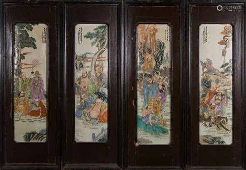 Porcelain Panel in Wood Frame with Men and Characters