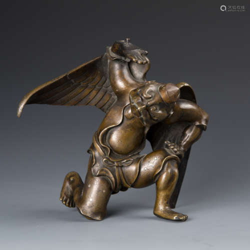 A Bronze Figure of Winged Animal With Silver Inlay