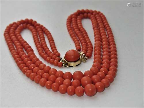 A 3 Strand Coral Necklace With 14k YG Clasp