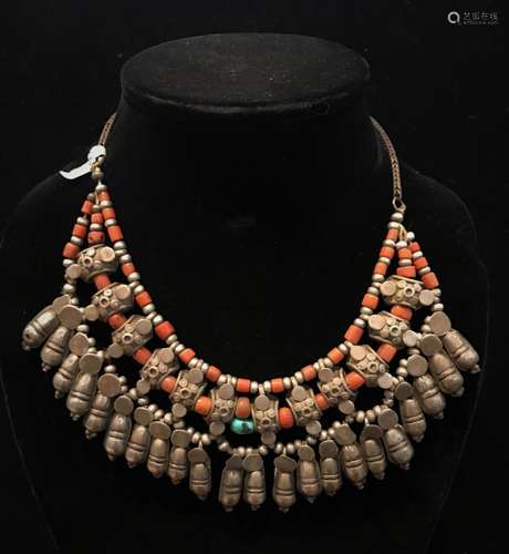 Antique Silver Necklace With Coral