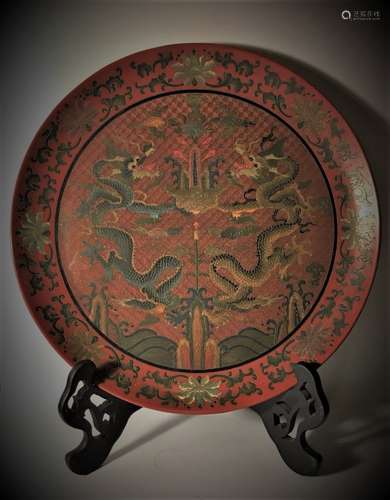 Red Lacquer Double Dragon Plate with Characters