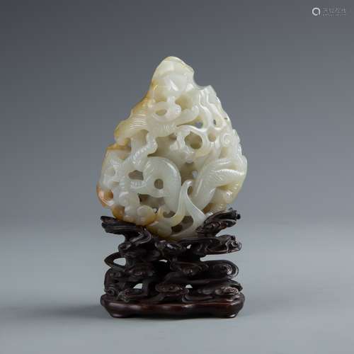 White Jade Carving floral design on Wood Base