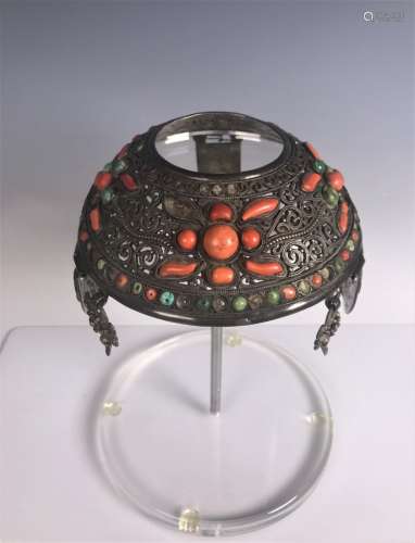 Mongolian Silver Headdress With Coral,Turquoise & Stand
