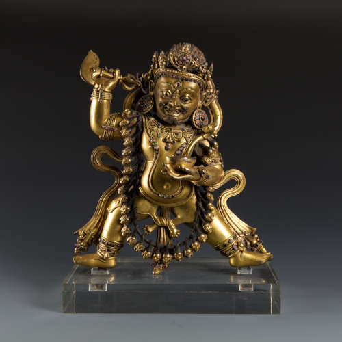 Gilt Bronze figure of Vajrapani  with Multicolor Stone