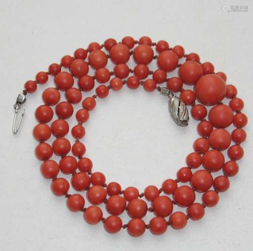 Natural Red knotted Coral Necklace With14k WG & Diams